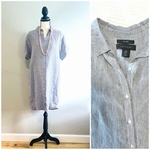 Tahari Oxford Shirt Dress 100% Linen Blue White Stripe Preppy Beach Travel Med